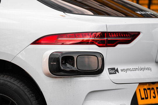 Waymo Driver Jaguar I-PACE Autonomous Taxi Vehicle Radar LiDAR Perimeter Sensor Pod, Driverless Car Rear Camera, Radar Module, London, UK &ndash; March 2026