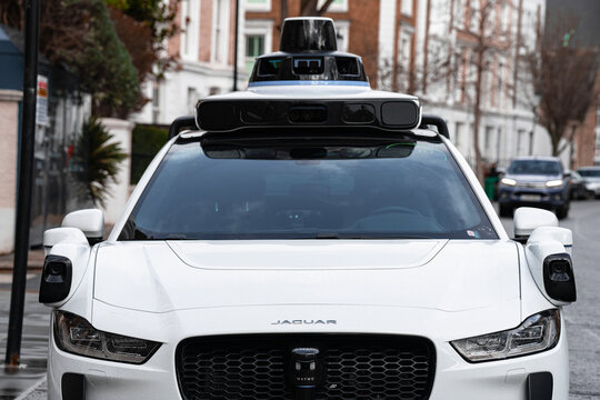 Waymo Autonomous Robotaxi Electric Vehicle (Google Self-Driving Car) Jaguar I-PACE Driverless Taxi, London, England, UK - March 2026