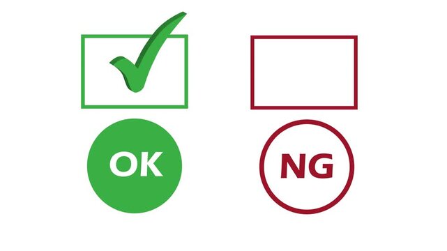 Animated OK and NG symbols with green checkmark and red reject sign. Decision making, approval and quality control concept ideal for business presentation, evaluation, testing results and corporate wo
