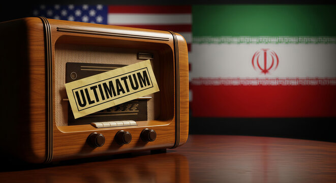Retro radio with ultimatum message on table and flags of USA and Iran in background. Geopolitical conflict and international relations concept.