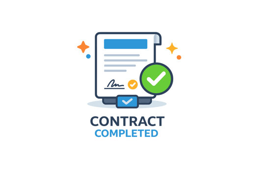 Digital contract completion badge shown as a finalized document with a subtle success indicator, symbolizing closure, reliability, and modern