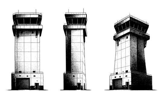 Airport control tower base structure with service doors and vertical massing, depicted as one realistic tower base shown in three views including front, side,