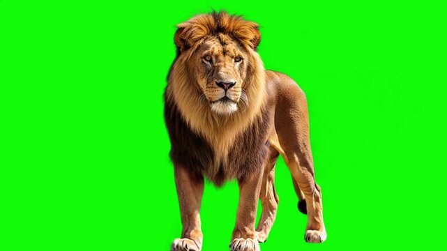 Realistic Male Lion Walking and Looking Around Isolated on Green Screen Chroma Key Background 4K Loop