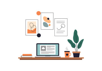 Modern flat vector illustration of remote worker at home office with laptop representing freelance productivity, digital work and modern flexible lifestyle