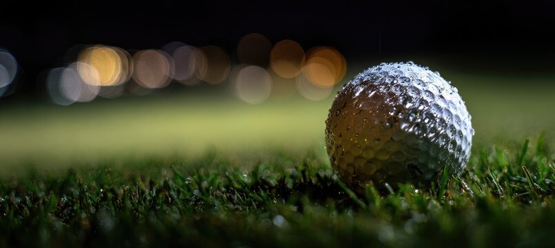 Close-up of a golf ball on a green golf course at night with bokeh lights in the background.