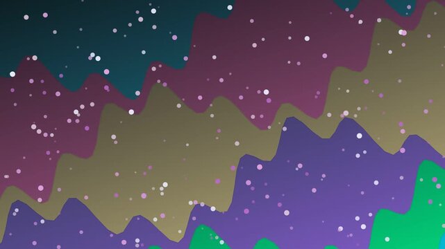 Vibrant abstract motion graphics with wavy patterns and scattered particles in a dynamic digital environment from a front viewpoint