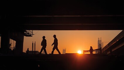Fototapeta premium Construction workers silhouetted against a vibrant sunset on a building site.