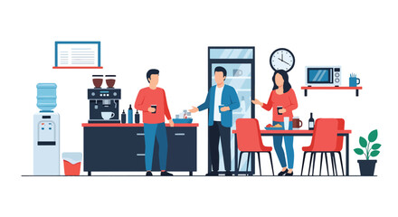 Modern flat vector illustration of employees chatting at office coffee station during break representing workplace lifestyle, relaxation and friendly team culture