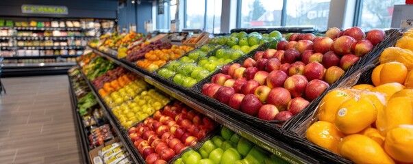 Obraz premium Abundant fresh fruits displayed in a supermarket produce aisle, showcasing variety and color.