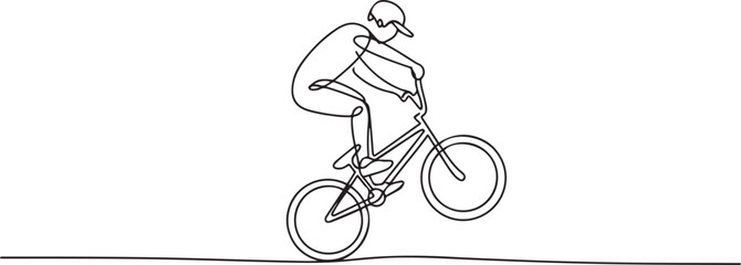 Naklejka premium One continuous line drawing of Cycling freestyle BMX vector illustration. Cycling freestyle BMX design in simple linear continuous style vector concept. one line Icon drawing