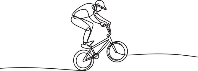 Naklejka premium One continuous line drawing of Cycling freestyle BMX vector illustration. Cycling freestyle BMX design in simple linear continuous style vector concept. one line Icon drawing