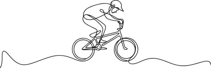 Naklejka premium One continuous line drawing of Cycling freestyle BMX vector illustration. Cycling freestyle BMX design in simple linear continuous style vector concept. one line Icon drawing