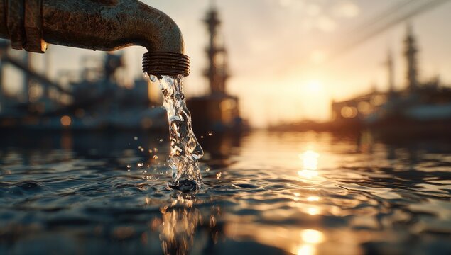 Water flowing from a rusty pipe into the sea at sunset.