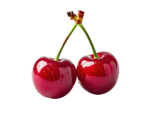 Two glossy, ripe red cherries with stems on a black background