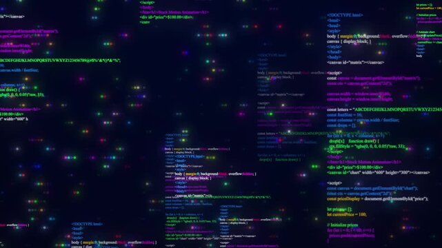 Abstract Digital Background Featuring Scrolling Neon Computer Code And Programming Scripts In 3d Space. Vibrant Html And Javascript Snippets Glow In Pink, Blue, And Green Against A Dark Data driven 