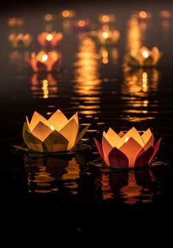 Glowing lotus paper lanterns floating on water at night during a celebration. Traditional light show for cultural festival.