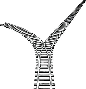 A black and white image of a railroad track diverging into two paths