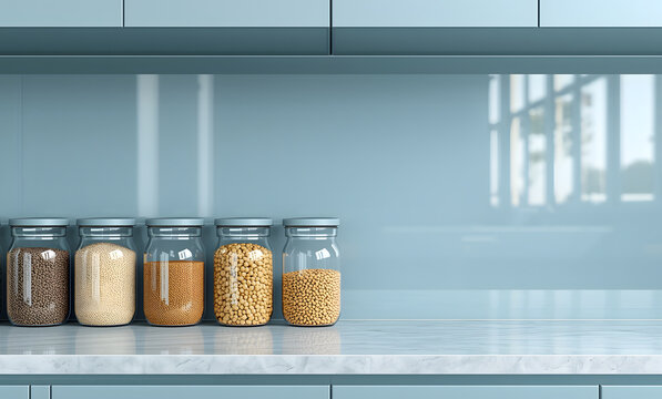 Glass jars with grains on a kitchen counter against a glossy blue tile backsplash