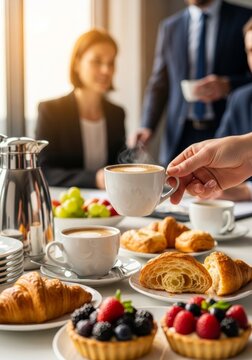 Woman hand holding coffee cup among breakfast food. Business meeting or corporate event catering. Refreshment break with colleagues.