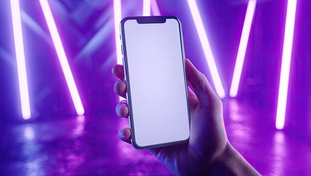Hand Holding Modern Smartphone with Blank Screen Against Neon Lights Background.