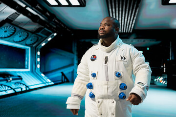 Cosmonaut walking in spaceship cockpit, preparing for planetary mission outside. Astronaut wearing space travelling equipment beginning landing procedures on planet, exiting orbit station © DC Studio