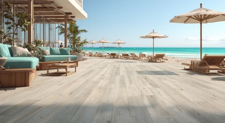 Fototapeta premium Luxury Beach Resort Lounge Area with Ocean View and Umbrellas.