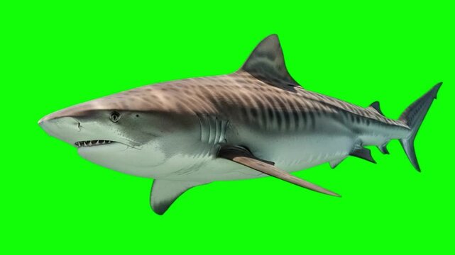 Realistic Tiger Shark Swimming and Opening Mouth Isolated on Green Screen Chroma Key Background 4K Loop
