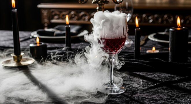 Red drink in glass with smoke on table for Halloween. Mystical eerie decor, party celebration concept, spooky atmosphere.