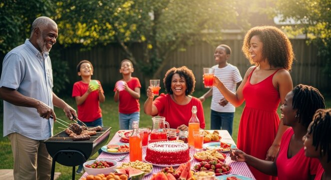 African american man grilling during a Juneteenth family picnic. Juneteenth celebration with outdoor BBQ and happy people. Summer holiday event for family.