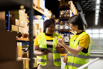 Obraz premium African American and Asian workers manage goods for a local brand, prepare parcels on shelving units and streamlining order fulfillment. Professional express delivery for local customers.