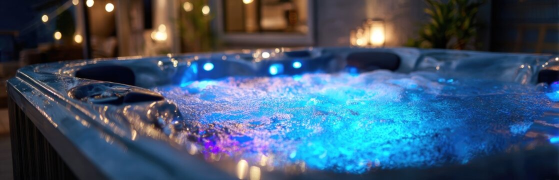 Luxury hot tub with colorful LED lights at night, creating a relaxing ambiance.