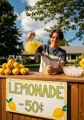Obraz premium Smiling boy pouring fresh lemonade from a pitcher into a glass at an outdoor stand with lemons and ice. Summer refreshment and small business concept.