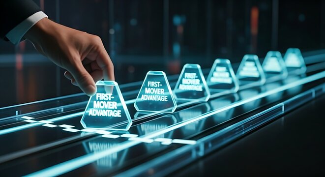 First-mover advantage concept. A strategist's hand moves a glowing piece across a holographic finish line, far ahead of competitors.