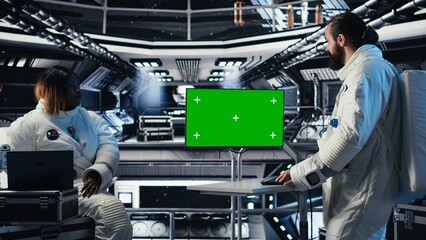 Fototapeta premium Astronauts fly together in starship, looking at isolated screen monitor, gathering samples for study. Scientists using chroma key display before landing on red planet