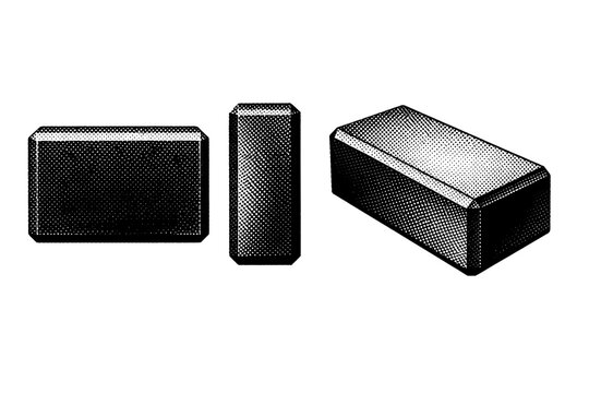 Yoga block presented in front view, side view, and angled perspective within one composition, showing rectangular form, beveled edges, and realistic foam