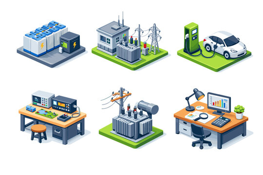 Green Energy Engineering. Isometric flat vector icons set of Green Energy Engineering: energy storage battery bank, smart grid substation, electric vehicle