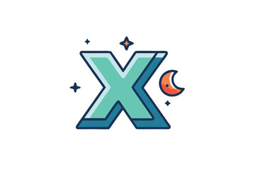 Fototapeta premium Stunning teal letter X with crescent moon and stars on white background