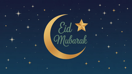 Naklejka premium Golden crescent moon and star with Eid Mubarak text on a starry night sky background islam islamic