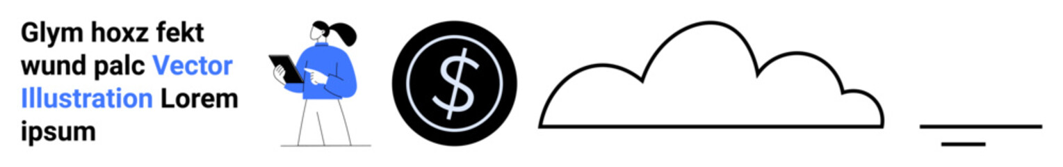 Finance, business planning, budgeting, cloud storage, technology, online services. Person holding tablet, dollar symbol in circle abstract cloud. Finance and business planning visually