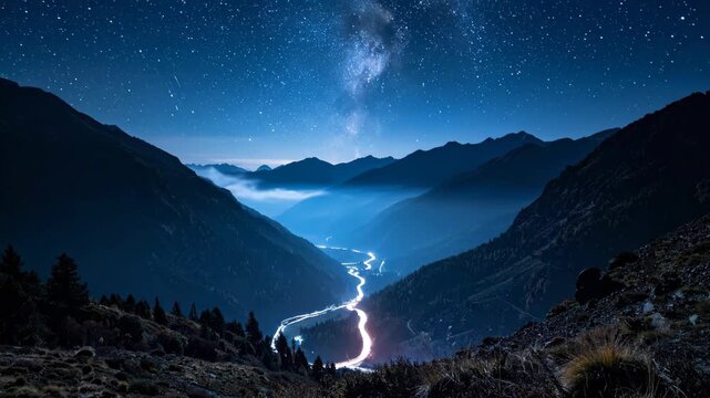 Nighttime Mountain Landscape with Lightning Over Lake and Valleys.