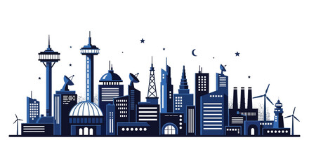 Stylized cityscape illustration featuring various towers a crescent moon and stars © arfanah02