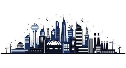 Stylized cityscape illustration featuring iconic buildings and a nighttime sky © arfanah02