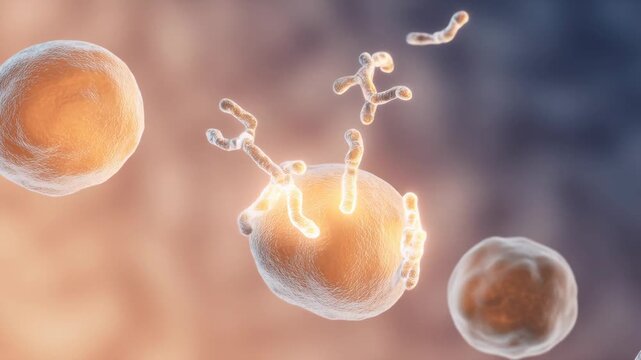 Microscopic close-up of peptides binding to fibroblast cells in dermis, showing molecular interactions and glowing connections in healthy skin tissue