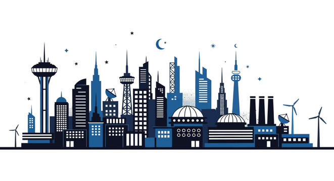 Stylized cityscape silhouette featuring a space needle and modern buildings under a starry night