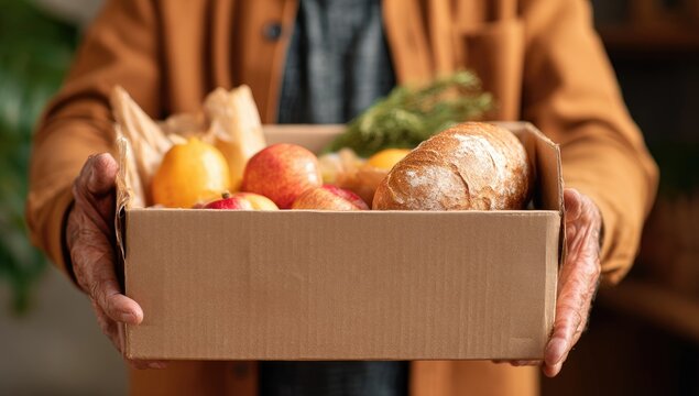 Person Holding a Cardboard Box Full of Fresh Groceries and Bread.