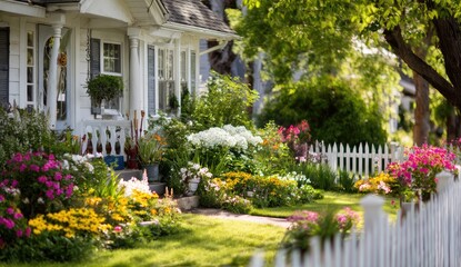 Obraz premium Charming Suburban Home with Vibrant Flower Garden and White Picket Fence.
