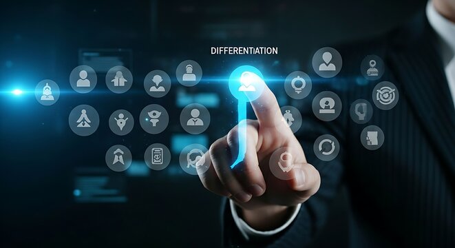 Market differentiation concept. A strategist's hand selects one gray icon from a uniform group and transforms it into a unique, glowing blue shape.