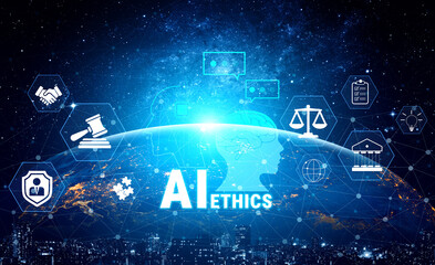Conceptual Representation of AI Ethics with Digital Elements over Earth, Highlighting Justice,...