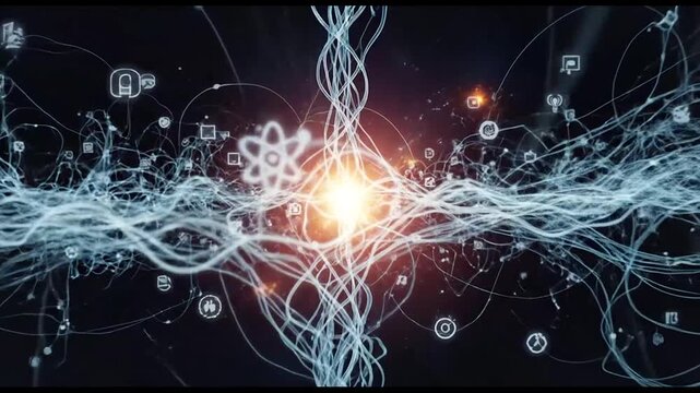 Molecular structure illustration with glowing DNA helix and scientific symbols in a dark environment