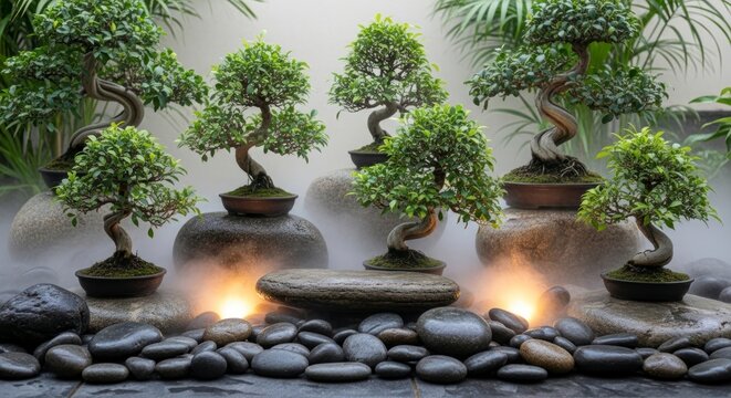 Bonsai trees displayed with rocks and fog in serene arrangement